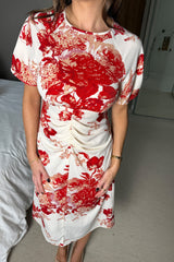 Kamala Rouched Detail A Line Midi Dress Red Floral