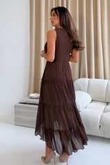 Calla Shirred Top Tiered Midi Dress Brown