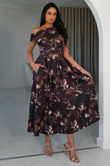 Betty Asymmetric Neckline Floral Skater Midi Dress Brown Floral