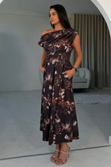 Betty Asymmetric Neckline Floral Skater Midi Dress Brown Floral