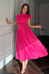 Betty Asymmetric Neckline Skater Midi Hot Pink
