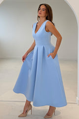 Bethany V Neck Skater Midi Blue