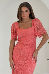Heidi Lace Ruched Midi Dress Coral