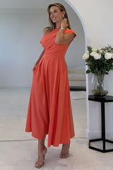 Dollie Asymmetric Neckline Skater Midi Dress Peach Coral