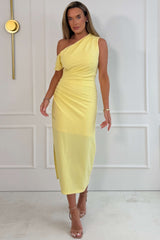 Donna Asymmetric Neckline Midi Dress Yellow