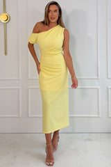 Donna Asymmetric Neckline Midi Dress Yellow