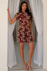 Ami Corded Lace Tulip Sleeve Mini Dress Burgundy
