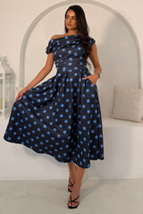 Betty Asymmetric Neckline Skater Midi Navy Polka