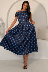 Betty Asymmetric Neckline Skater Midi Navy Polka