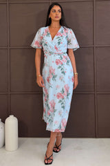 Daisy Wrap Neck Twist Detail Midi Dress Blue