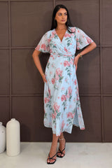 Daisy Wrap Neck Twist Detail Midi Dress Blue