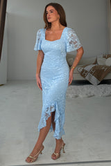 Heidi Sky Lace Ruched Midi Dress