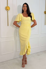 Darcie Flaired Sleeve Frill Midi Dress Yellow