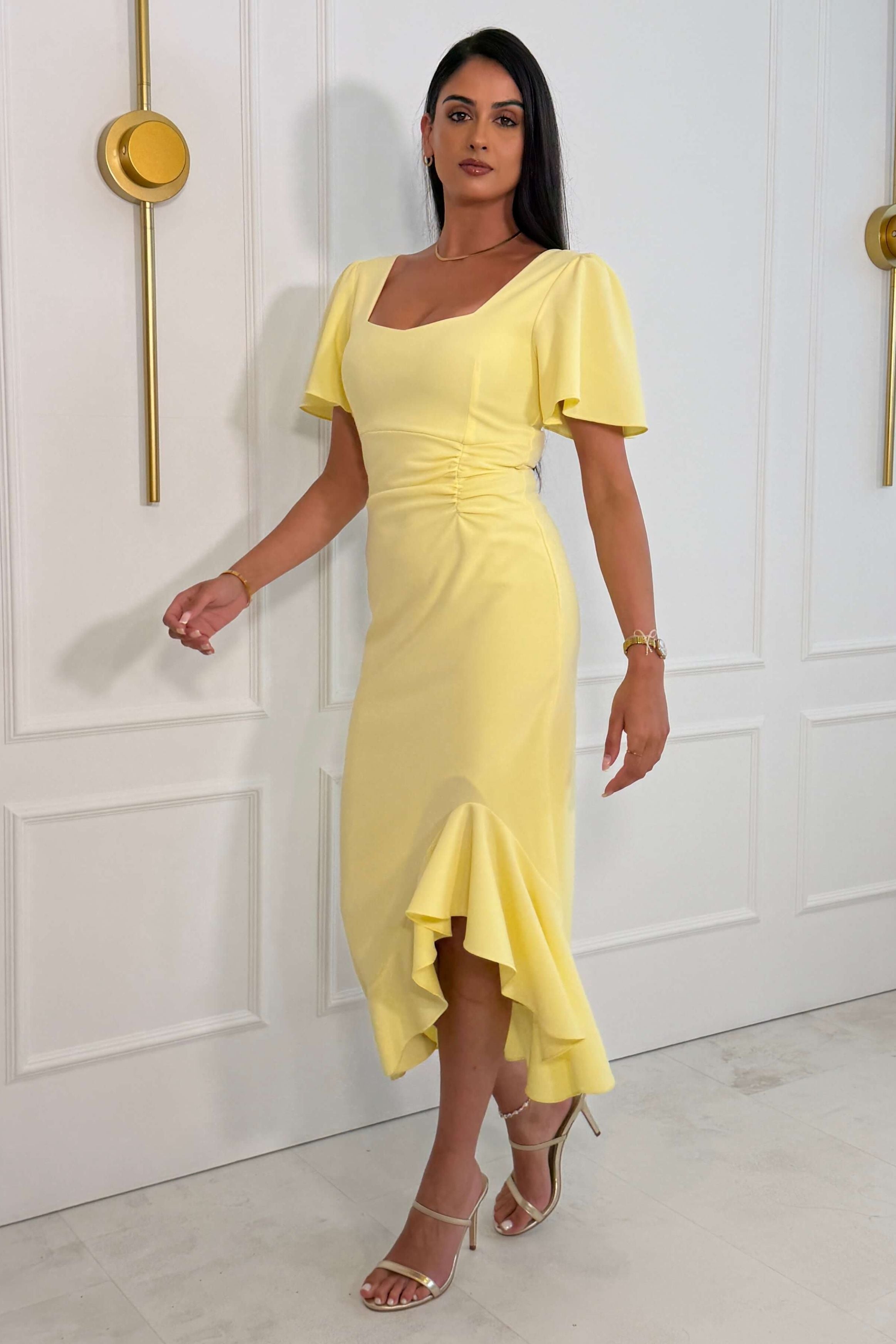 Darcie Flaired Sleeve Frill Midi Dress Yellow