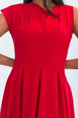 Bonnie Pleated Asymetric Shoulder Midi Dress Red