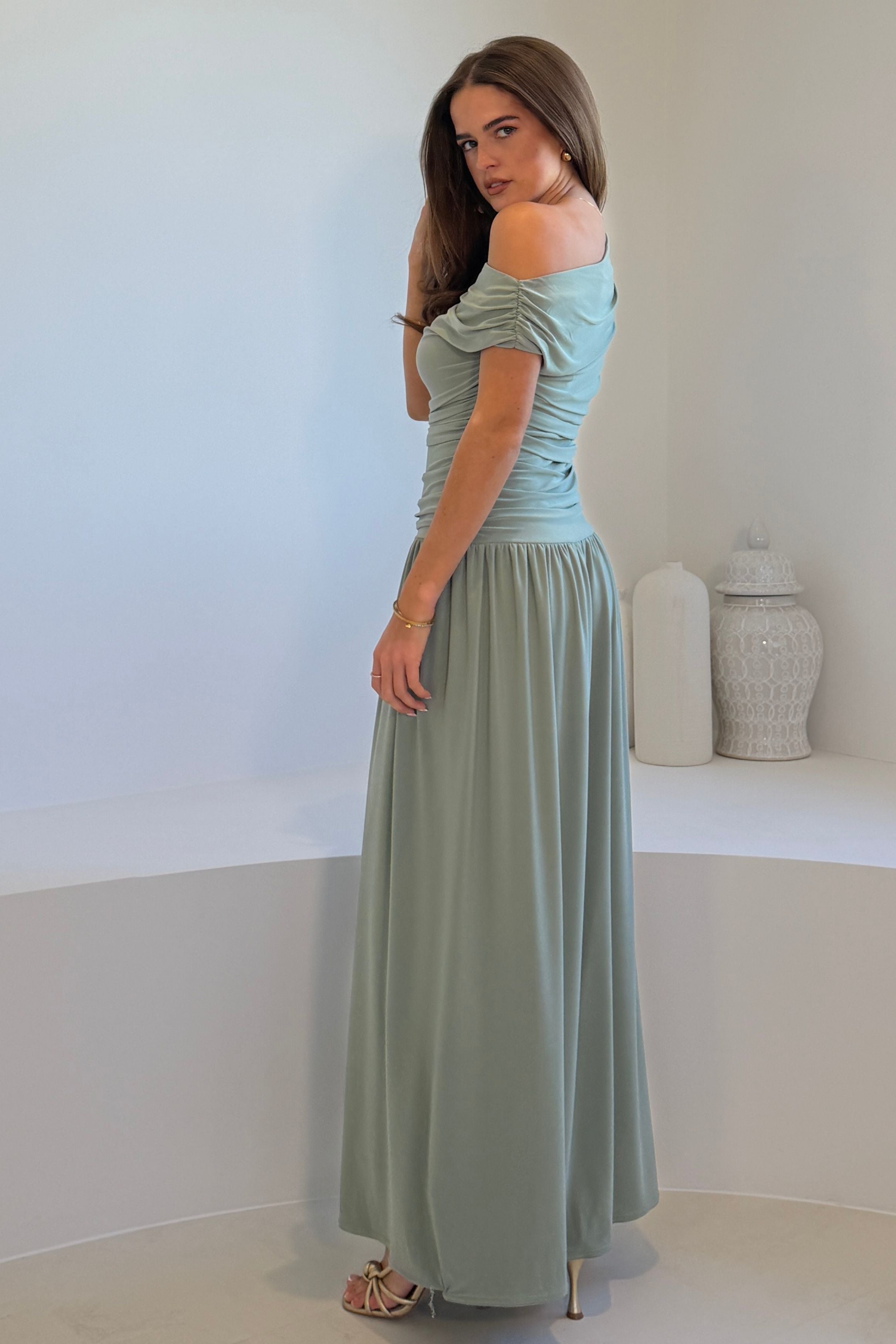 Colette Rushed Off Shoulder Maxi Dress Sage