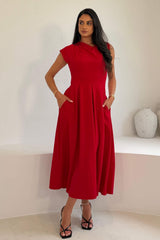 Bonnie Pleated Asymetric Shoulder Midi Dress Red