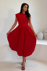 Bonnie Pleated Asymetric Shoulder Midi Dress Red