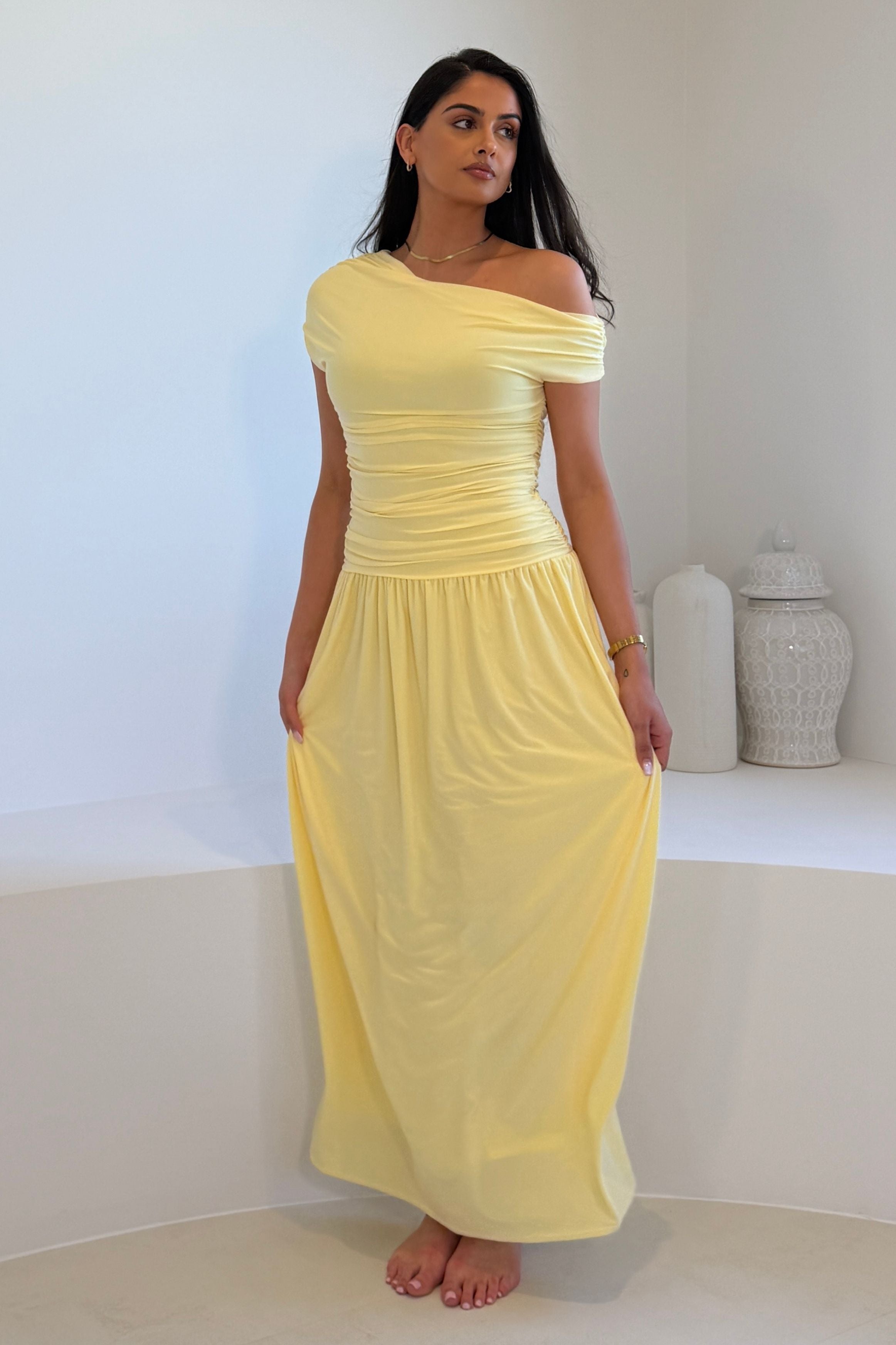 Colette Rushed Off Shoulder Maxi Dress Yellow