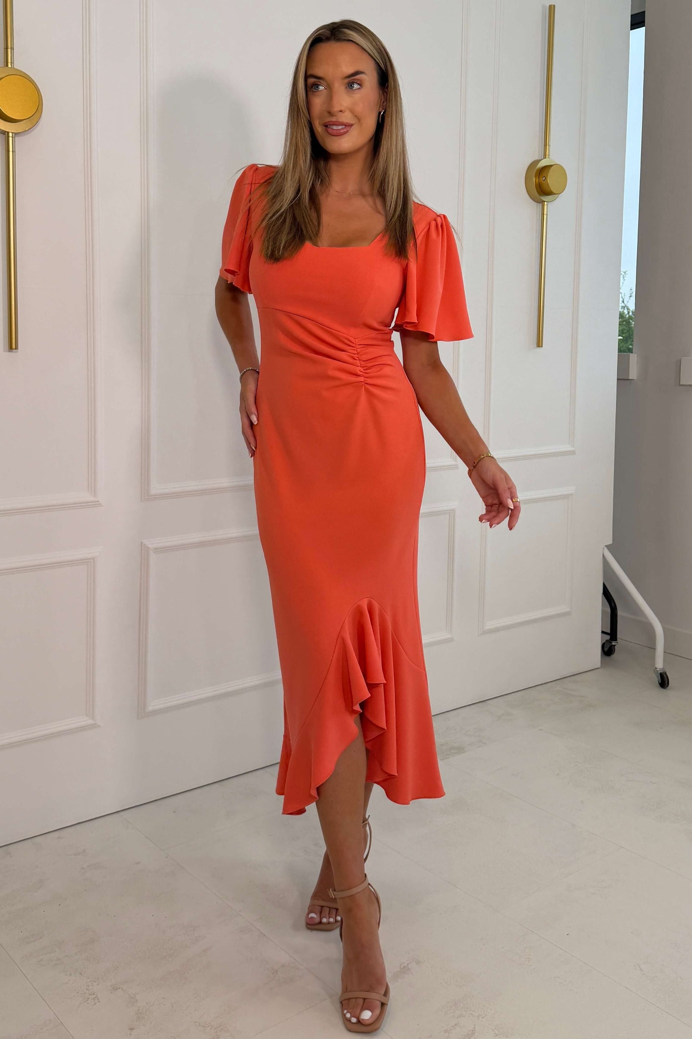 Darcie Flaired Sleeve Frill Midi Dress Coral