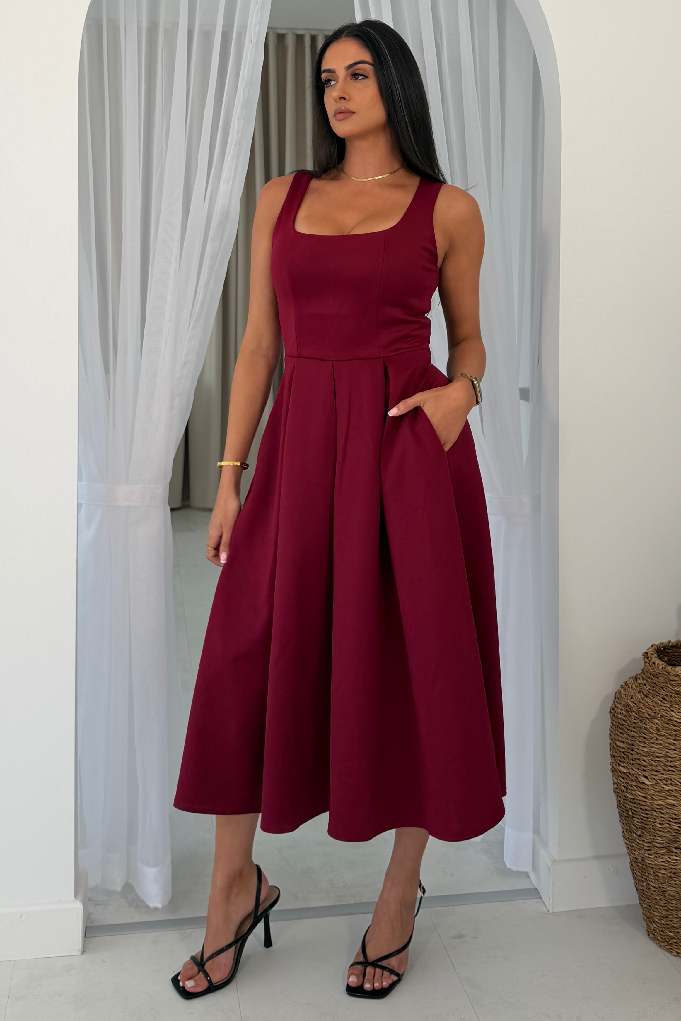 Erica Square Neck Pleated Midi Dress Berry