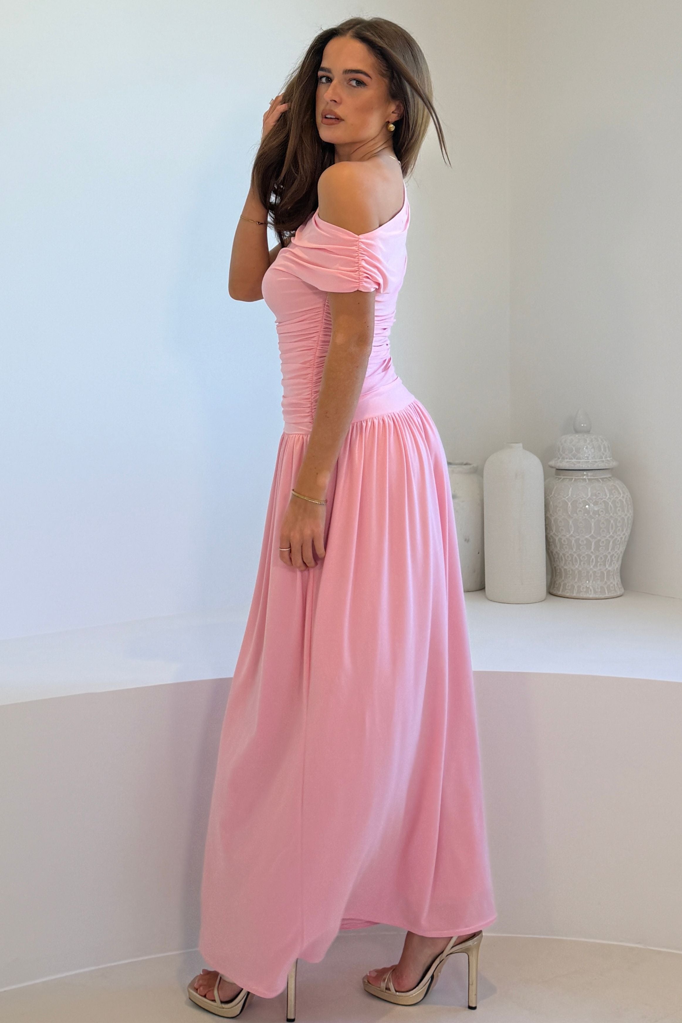 Colette Rushed Off Shoulder Maxi Dress Pink