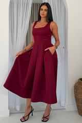 Erica Square Neck Pleated Midi Dress Berry