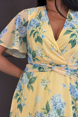 Daisy Wrap Neck Twist Detail Midi Dress Yellow