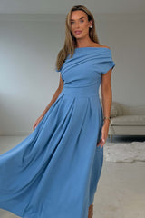Dollie Asymmetric Neckline Skater Midi Dress Blue
