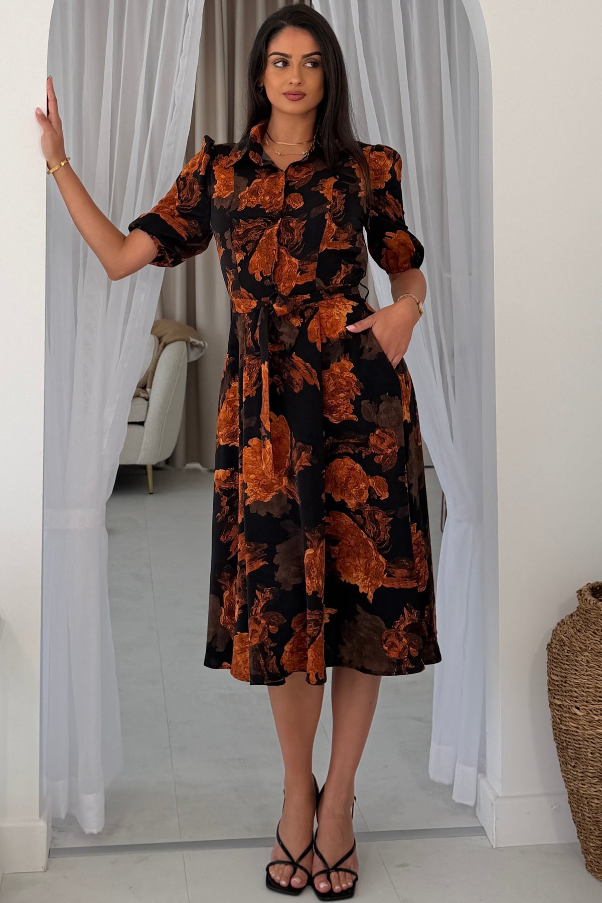 Holland Orange Floral Collar Midi Dress