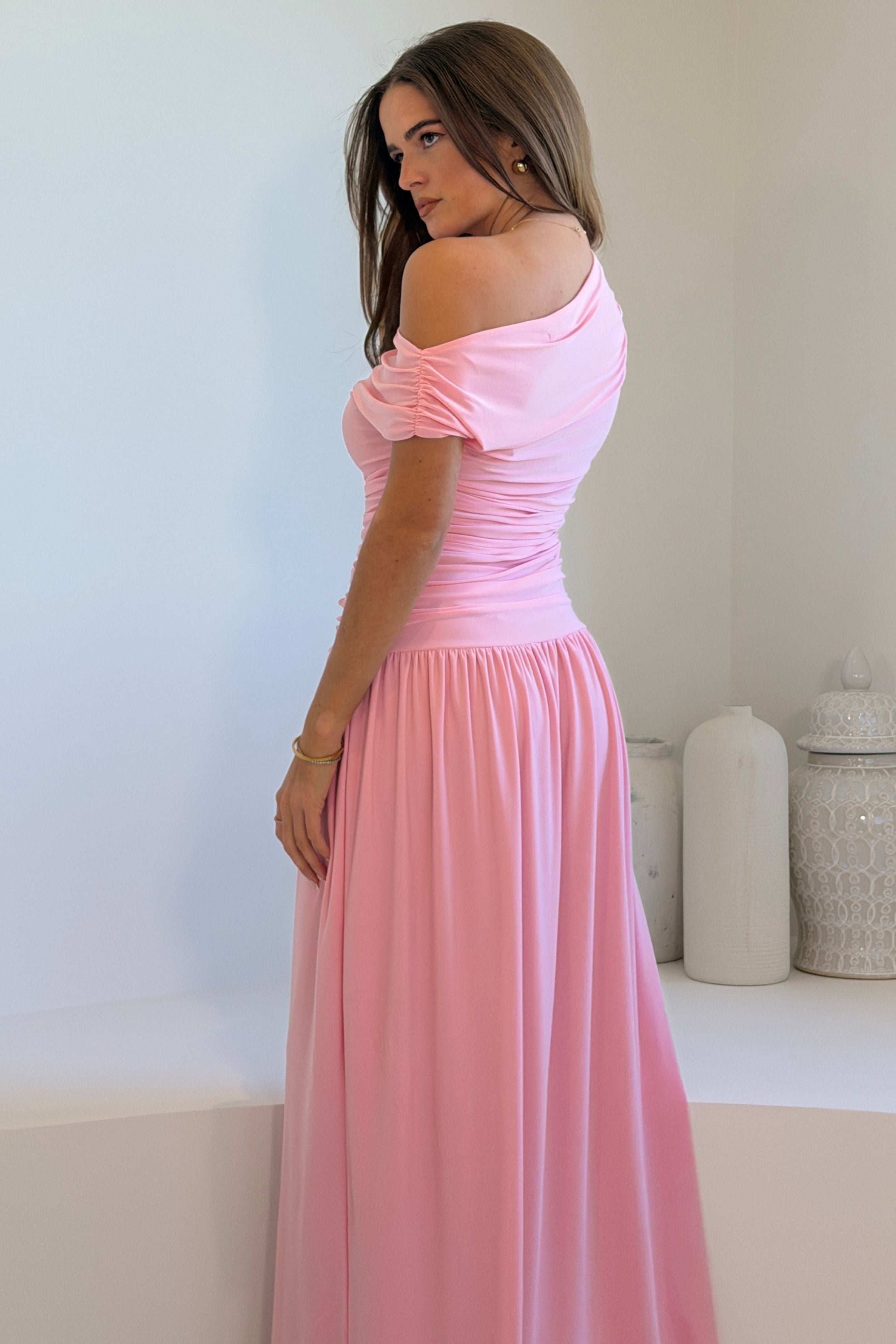 Colette Rushed Off Shoulder Maxi Dress Pink