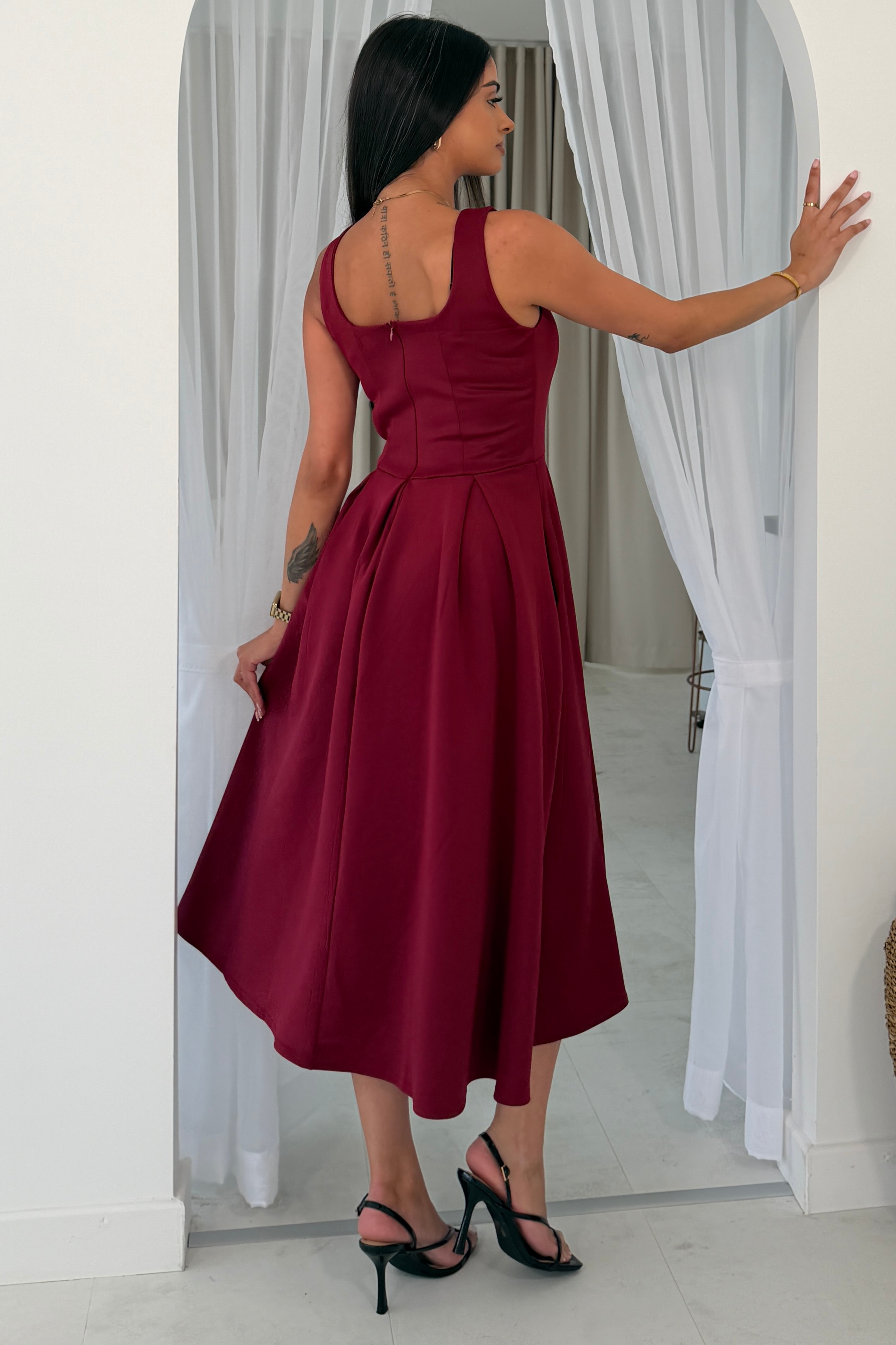 Erica Square Neck Pleated Midi Dress Berry