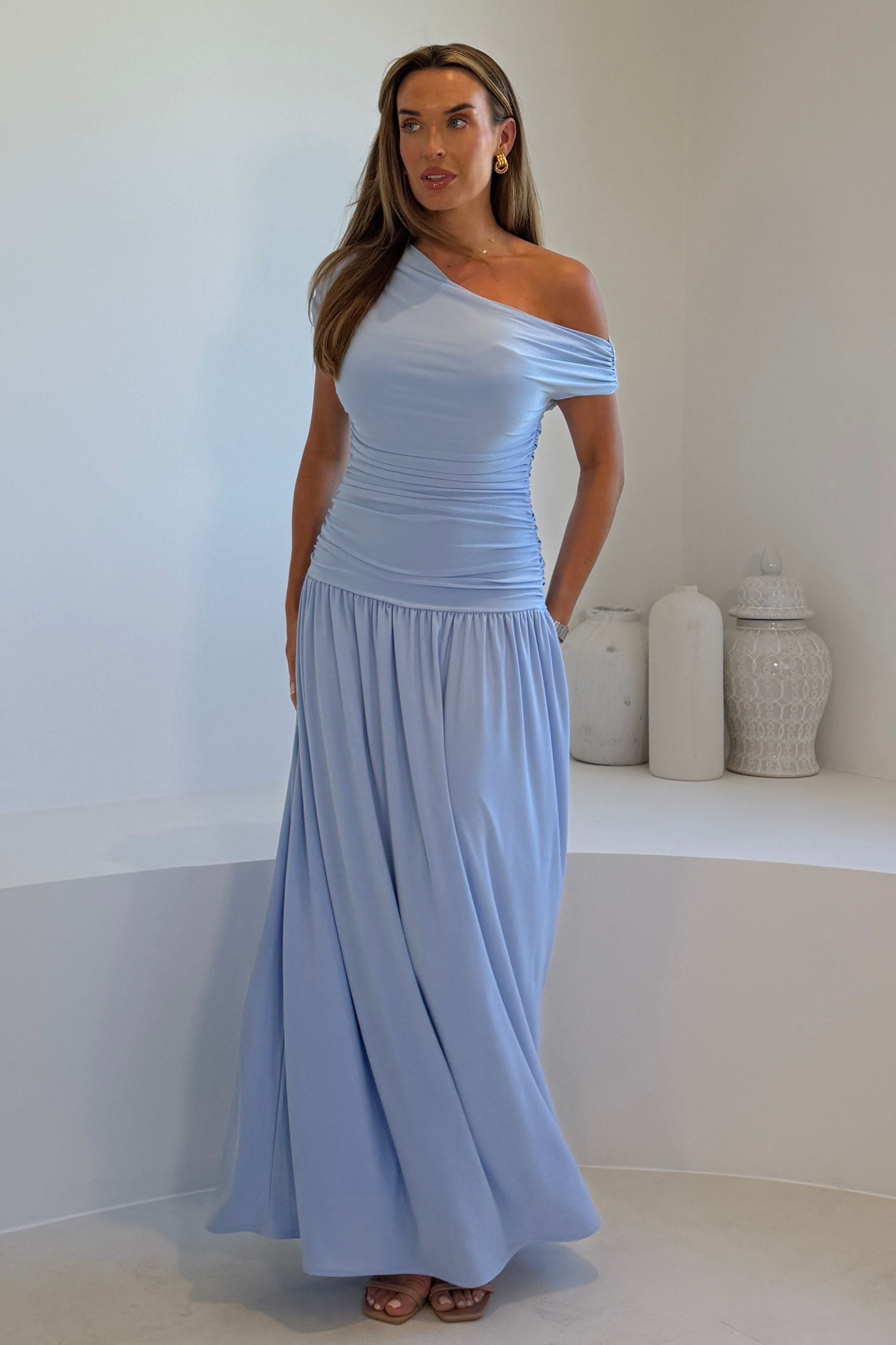 Colette Rushed Off Shoulder Maxi Dress Blue