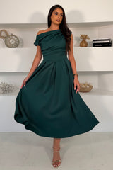 Betty Asymmetric Neckline Skater Midi Emerald