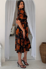 Holland Orange Floral Collar Midi Dress
