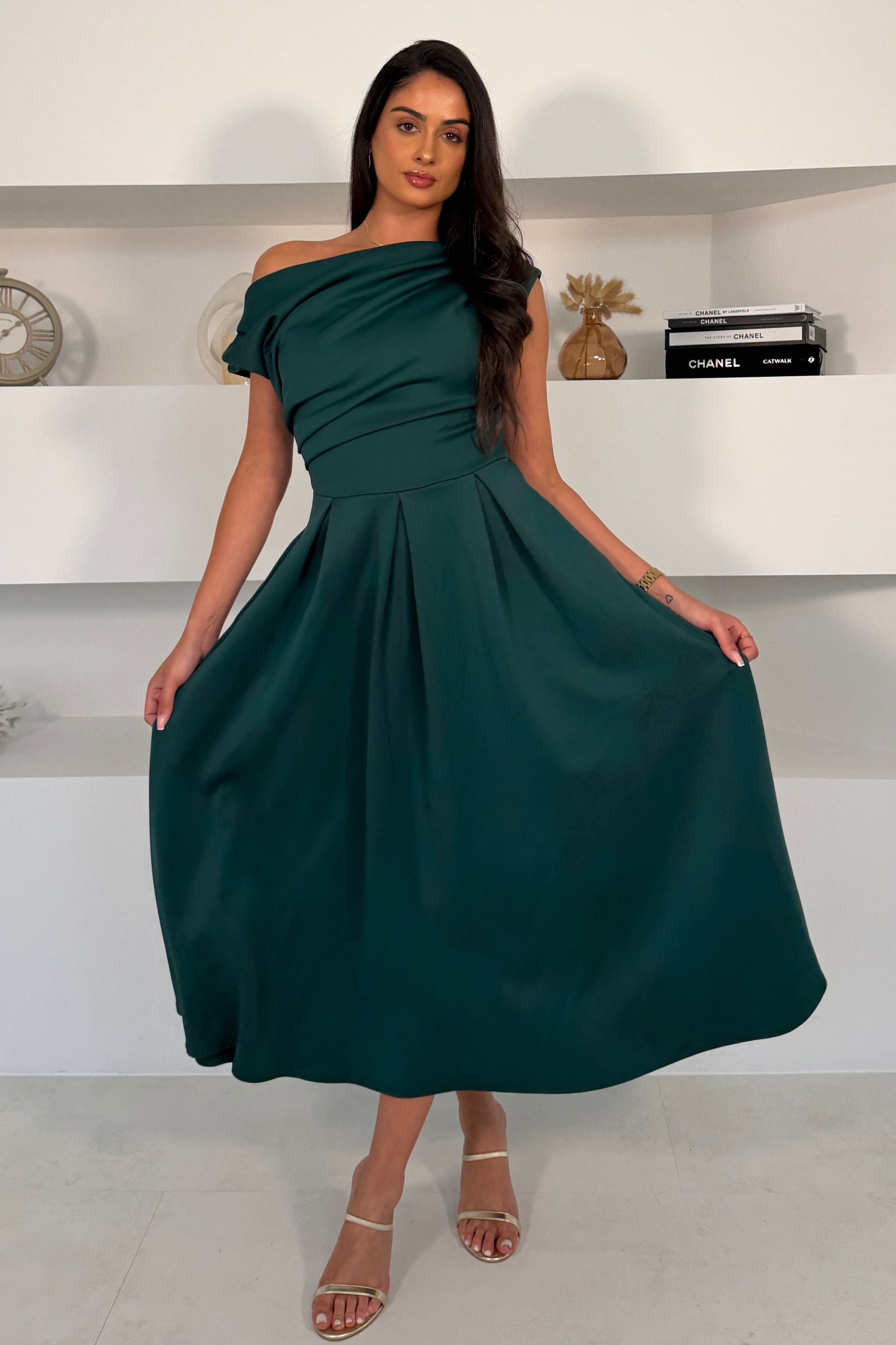 Betty Asymmetric Neckline Skater Midi Emerald