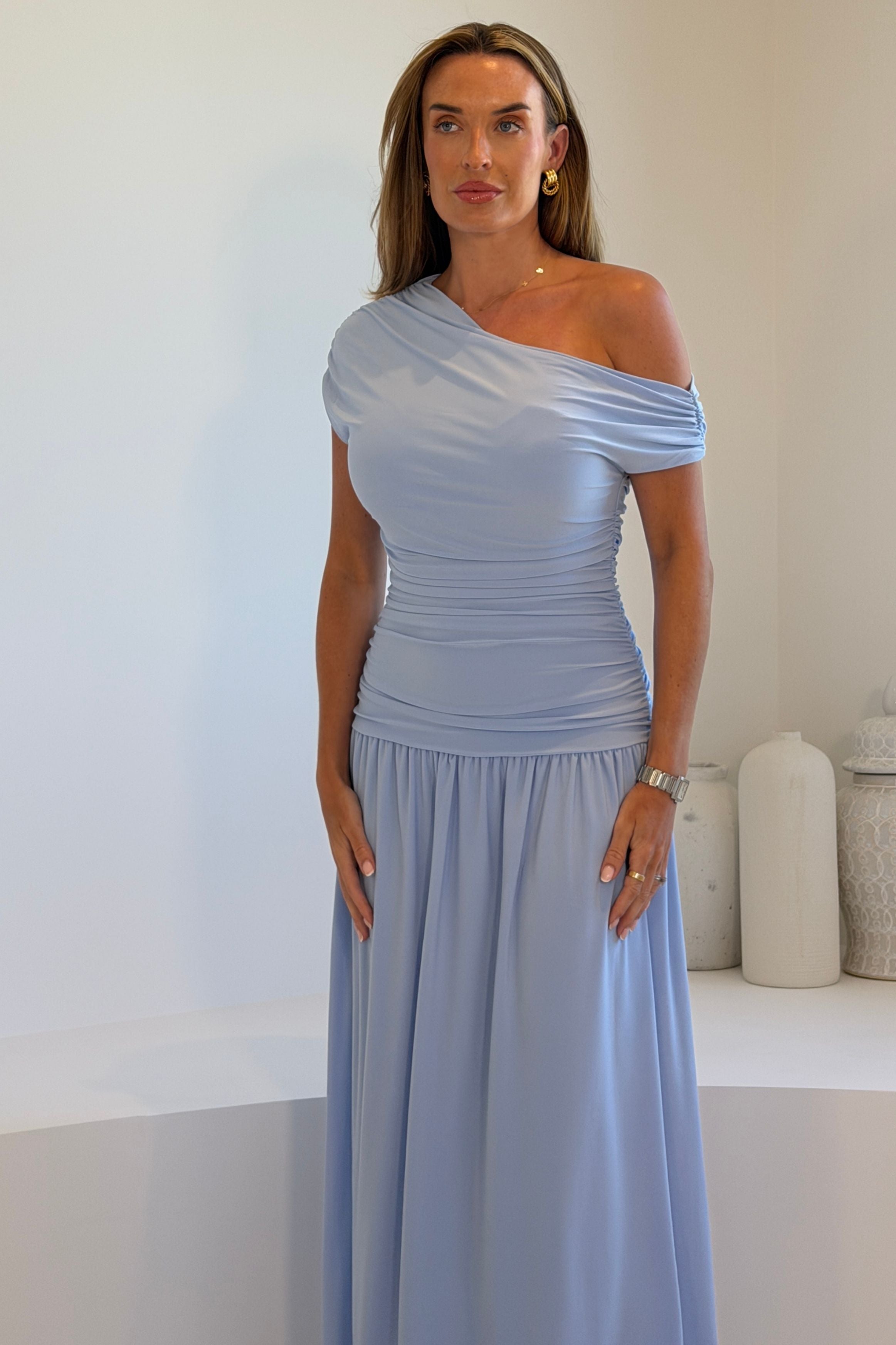 Colette Rushed Off Shoulder Maxi Dress Blue