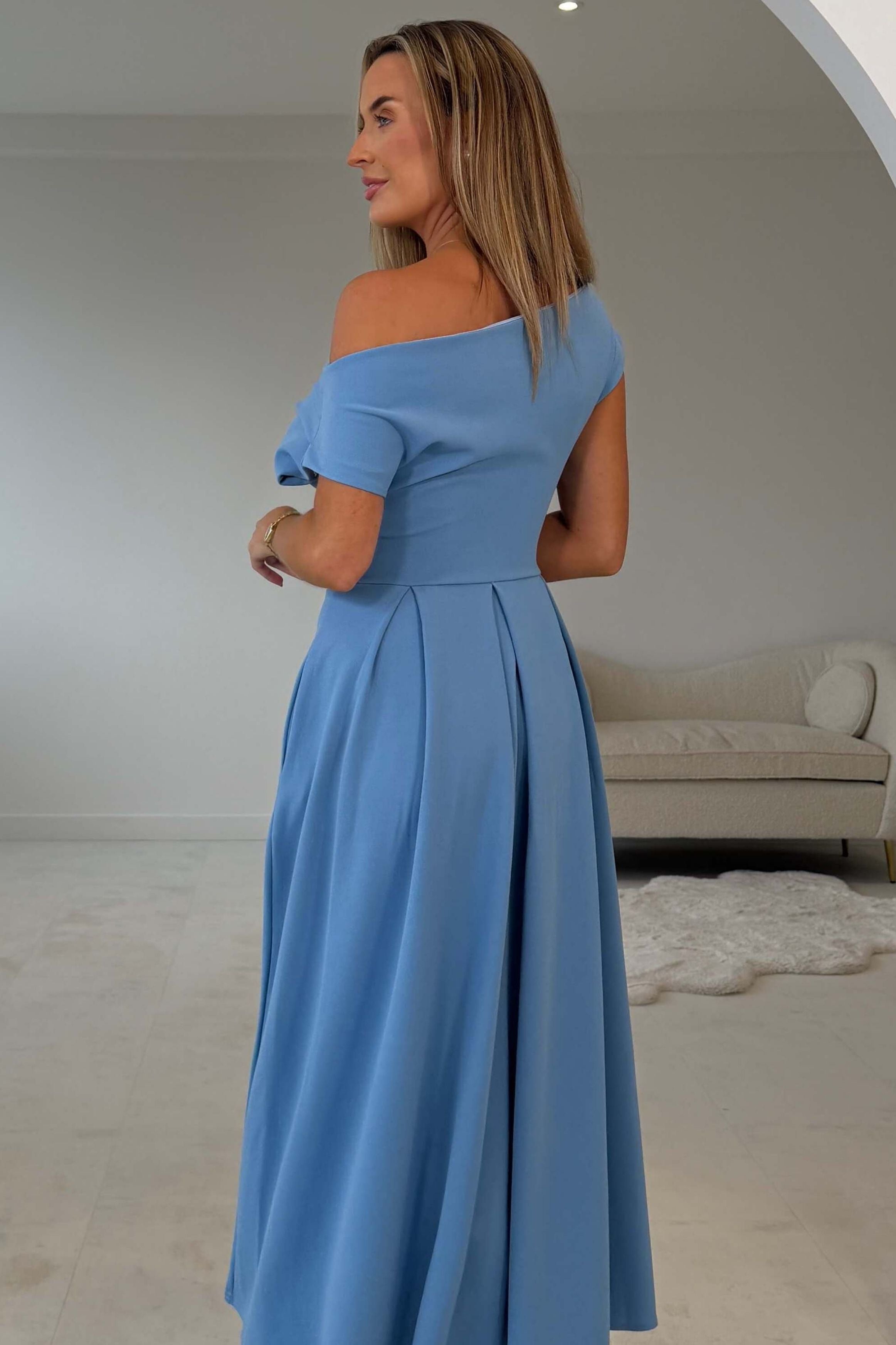 Dollie Asymmetric Neckline Skater Midi Dress Blue
