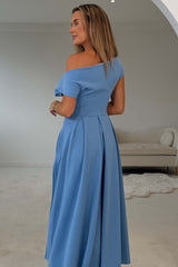 Dollie Asymmetric Neckline Skater Midi Dress Blue