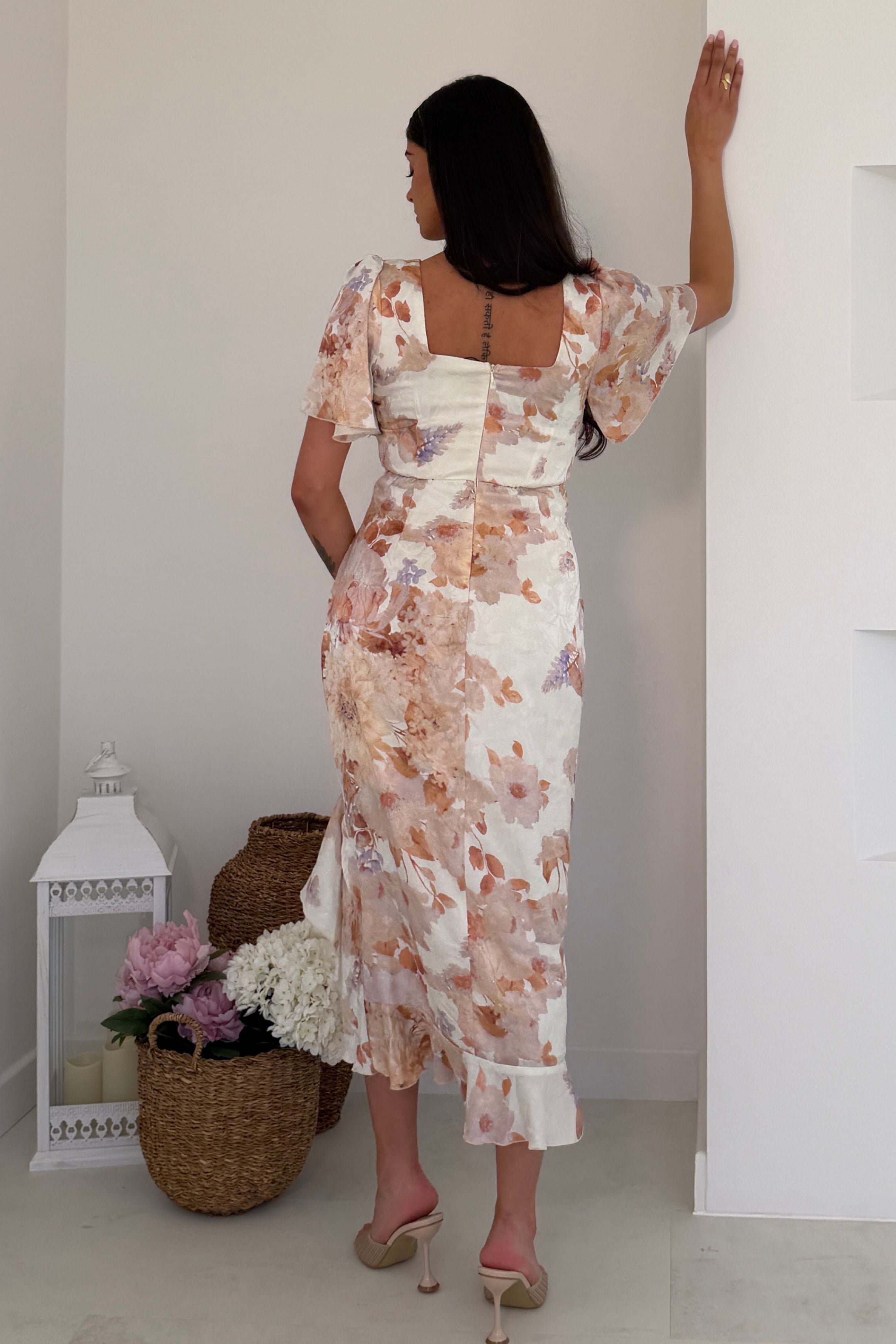 Heidi Floral Print Ruched Midi Dress Brown
