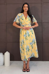 Daisy Wrap Neck Twist Detail Midi Dress Yellow