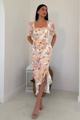 Heidi Floral Print Ruched Midi Dress Brown