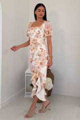 Heidi Floral Print Ruched Midi Dress Brown
