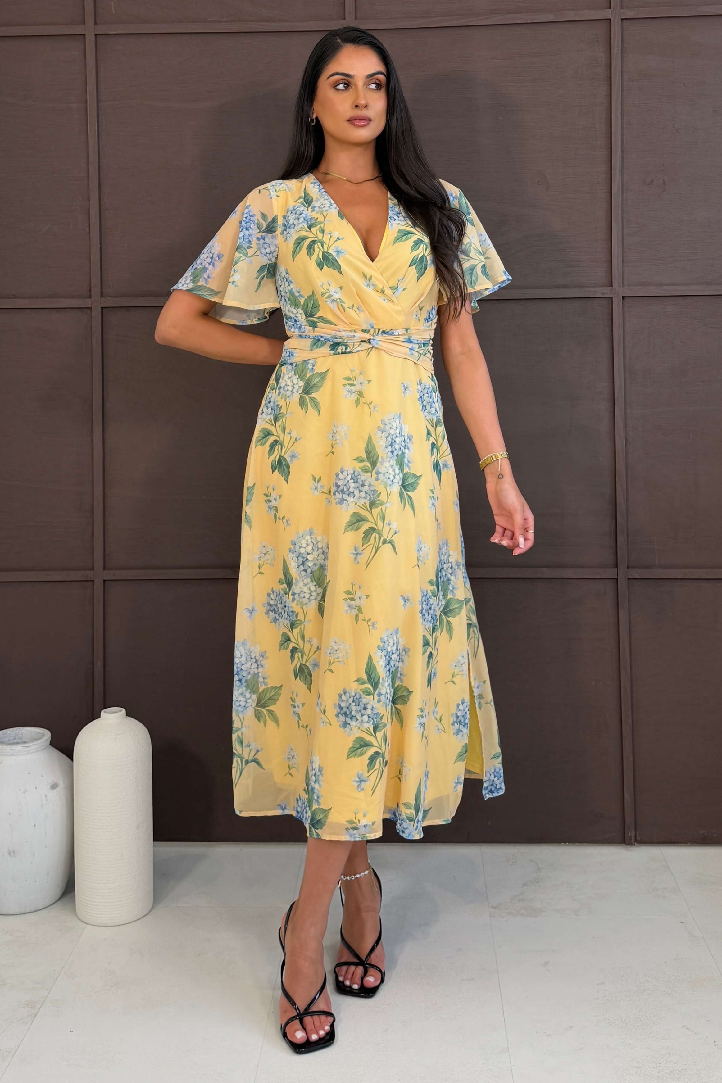 Daisy Wrap Neck Twist Detail Midi Dress Yellow