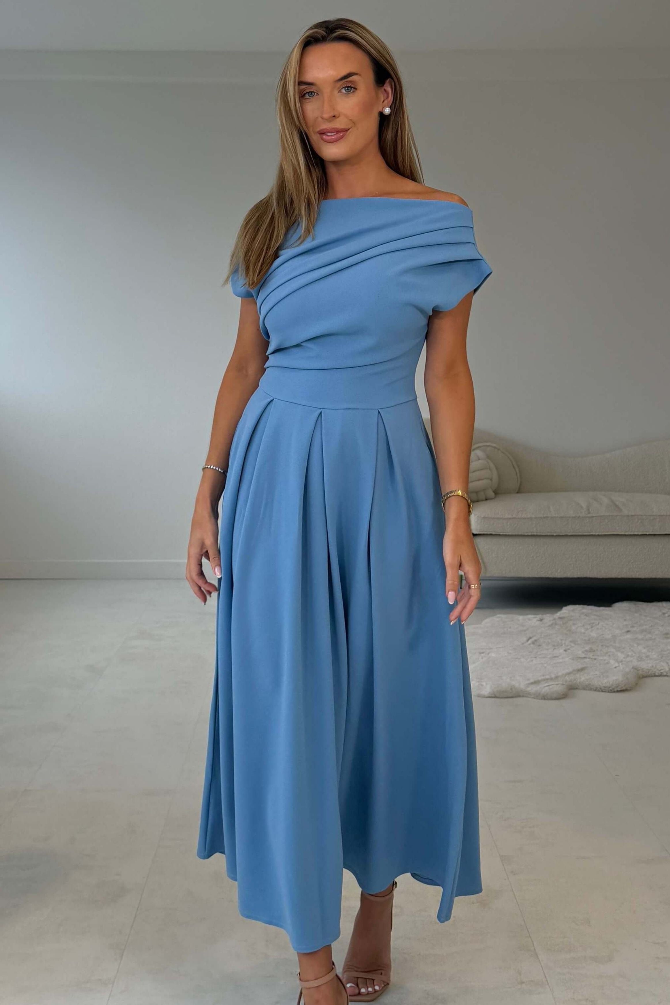 Dollie Asymmetric Neckline Skater Midi Dress Blue