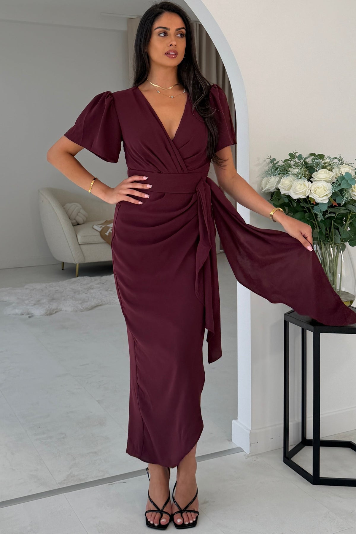 Drew Puff Sleeve Wrap Front Midi Dress Plum