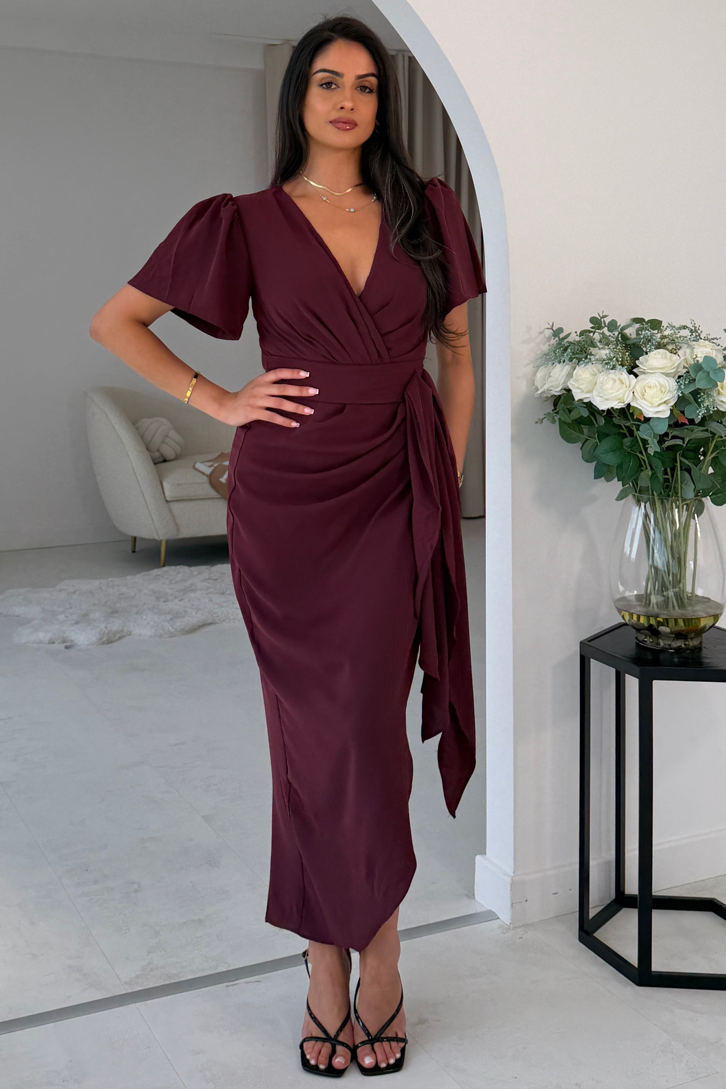 Drew Puff Sleeve Wrap Front Midi Dress Plum