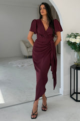 Drew Puff Sleeve Wrap Front Midi Dress Plum