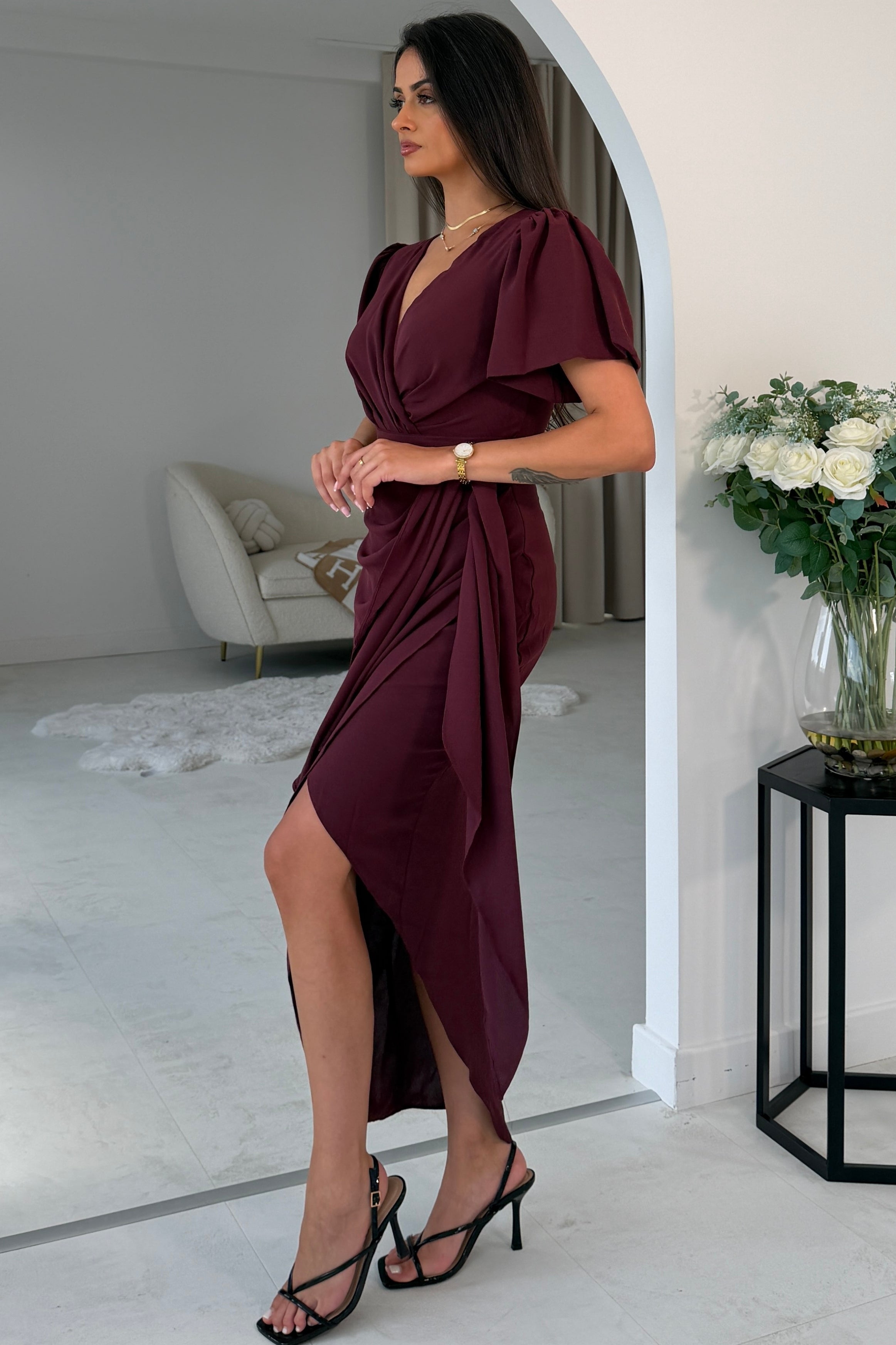 Drew Puff Sleeve Wrap Front Midi Dress Plum