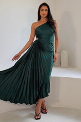 Aoife One Shoulder Pleated Midi Dress Emerald